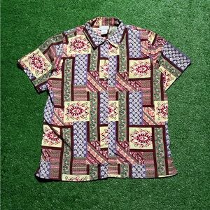 Vintage Y2K Swann Patchwork Print Button Up Shirt L Short Sleeve